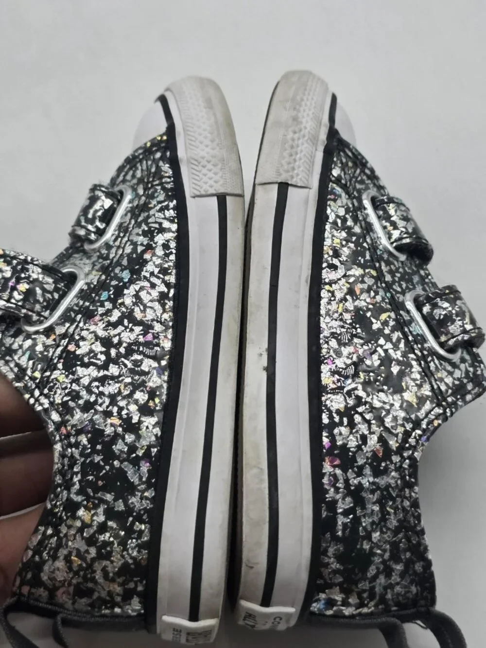 Converse All Star Shoes Girls Size 8 Black Glitter Strap Sneakers A09274C Stains